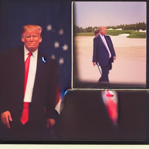 Prompt: Trump playing golf with Putin, realistic photo, 50mm, polaroid