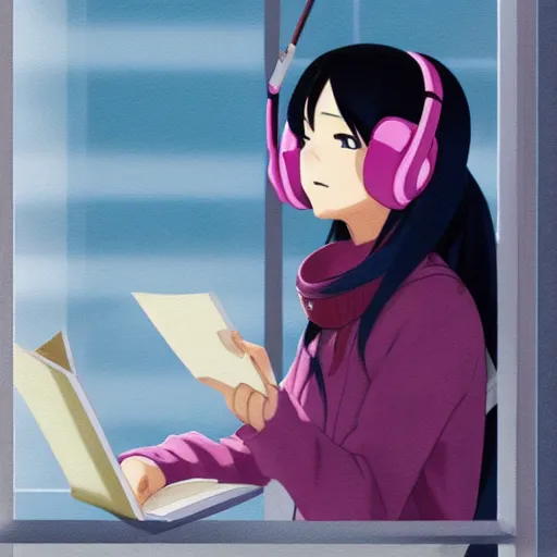 Prompt: Anime painting of a black haired girl wearing headphones while studying in her warm cozy home, behind her a cold window, by makoto shinkai, relaxed, calm, trending on artstation, kimi no na wa