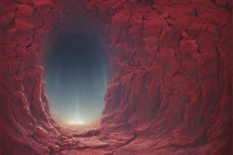 Image similar to portal to hell opening in the desert by tomek setowski and zdzislaw beksinski, deep rich colors, surreal oil painting, dream like, highly detailed, symmetry, masterpiece