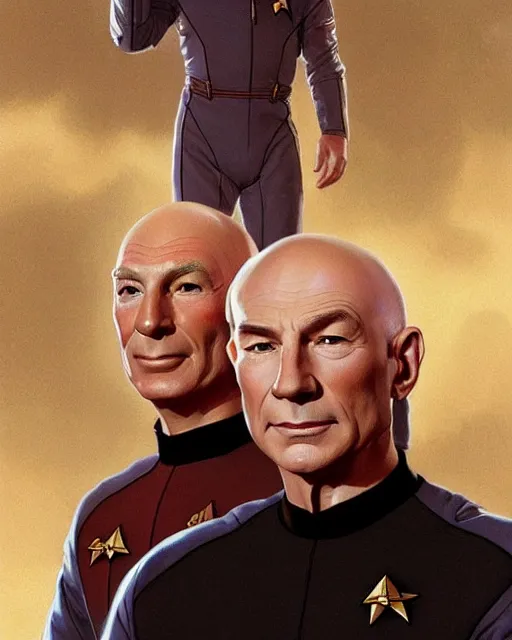 Image similar to Portrait of Jean Luc Picard & Kirk wearing spacesuits, real life skin, intricate, elegant, highly detailed, artstation, concept art, smooth, sharp focus, art by artgerm and greg rutkowski and alphonse mucha