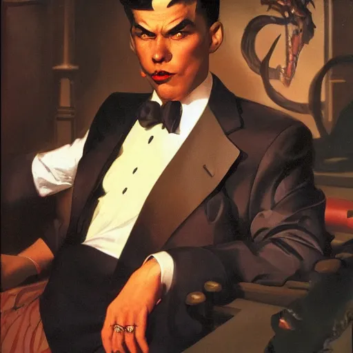 Image similar to A mafia man, behind him is a Chinese dragon emanating a red aura of danger, avant garde, 3d render by J.C. Leyendecker rhythmic