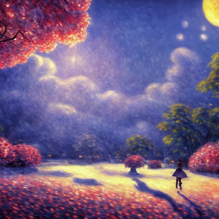 Prompt: an epic makoto shinkai and renoir landscape with a snowy fantasy landscape, candycane trees, candy flowers, candy land, golden hour, 🌺, ultra smooth, lois van baarle, ilya kuvshinov, unreal engine, blender, trending on artstation, suntur, caleb worcester, highly detailed, photorealism, bloom effect 8 k