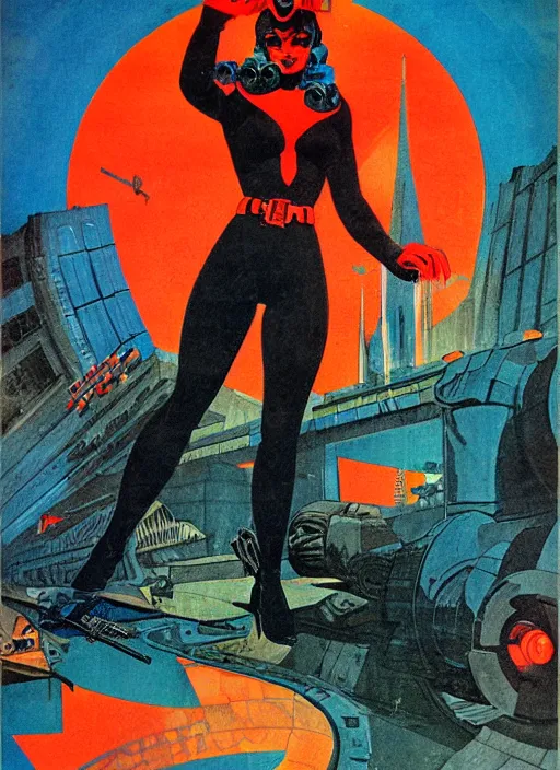 Prompt: soviet propaganda poster. dangerous cyberpunk assassin. portrait by jean giraud and anton otto fischer and john philip falter and will eisner and gil elvgren