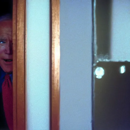 Image similar to A close-up portrait of Joe Biden manically looking through a broken door, film still from The Shining by Stanley Kubrick, Eastman Color Negative II 100T 5247/7247, ARRIFLEX 35 BL Camera