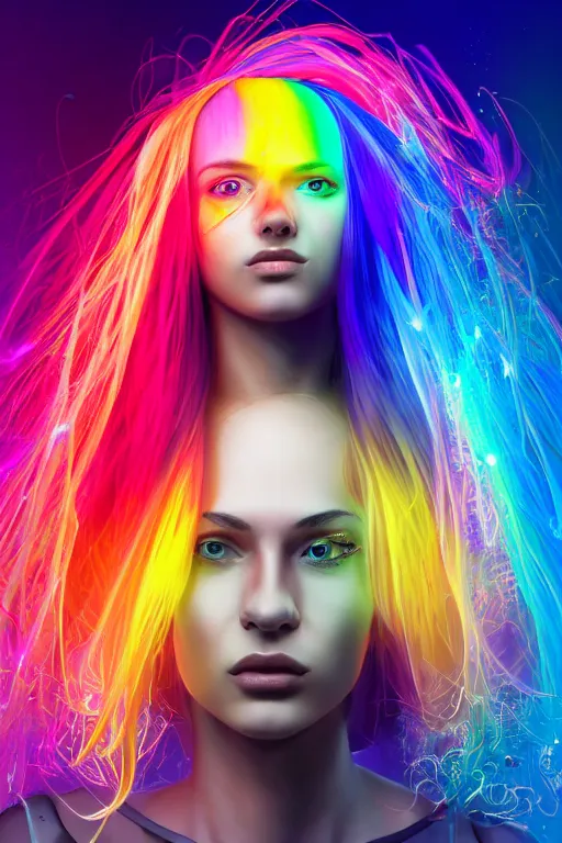 Image similar to a award winning half body portrait of a beautiful woman with stunning eyes in a croptop and cargo pants with rainbow colored ombre hairstyle head in motion and hair flying by thomas danthony, surrounded by whirling illuminated liquids, outrun, vaporware, shaded flat illustration, digital art, trending on artstation, highly detailed, fine detail, intricate