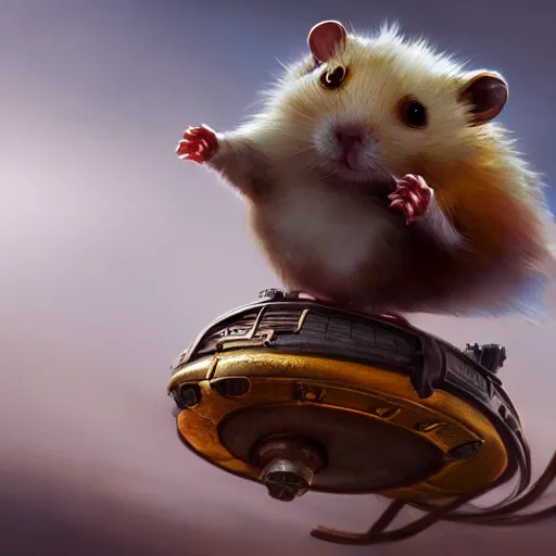 Image similar to oil painting of steampunk hamster on duck, , sharp focus, fantasy style, octane render, volumetric lighting, steampunk city, 8k high definition, by greg rutkowski, highly detailed, trending on art Station, explosions, magic the gathering artwork, centered