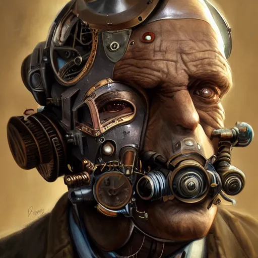 Image similar to Portraif of an old cyborg man, steampunk, artstation, detailed, realistic, digital art