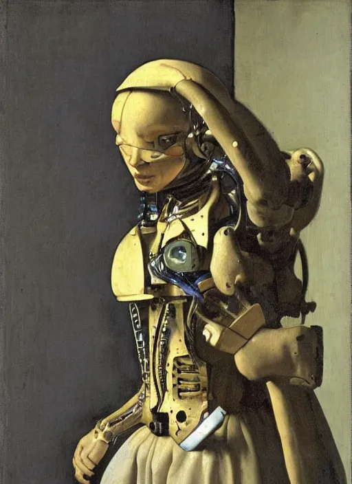 Image similar to cyborg cybernetic exoskeleton by Johannes Vermeer, renaissance style