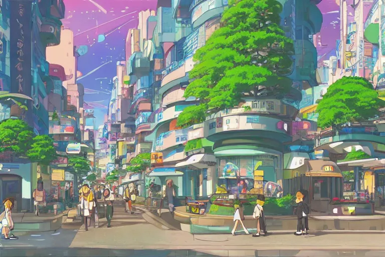 Prompt: an optimistic futuristic city street with a pop cannabis motif, by studio ghibli