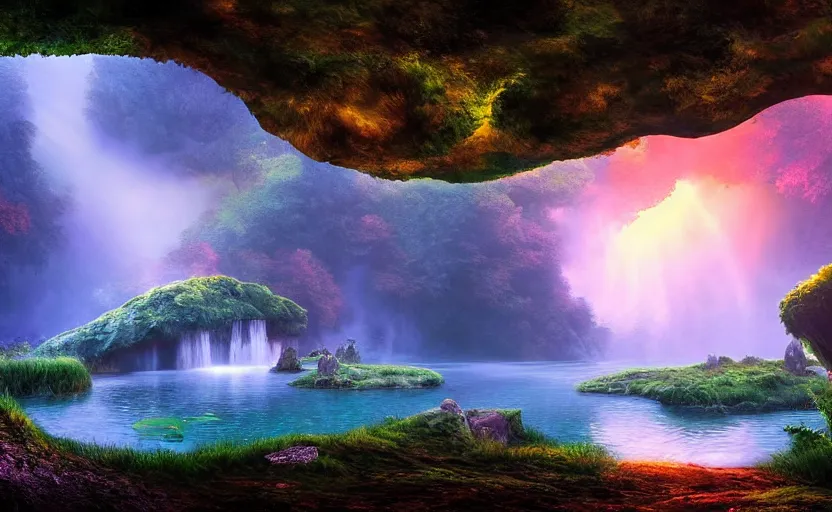 Image similar to a beautiful and stunning professional digital artwork of a humongous mushroom cave, haze, waterfall, lake, spores in the air, volumetric lighting, hyperrealistic, sunset, rtx on, ultra detail