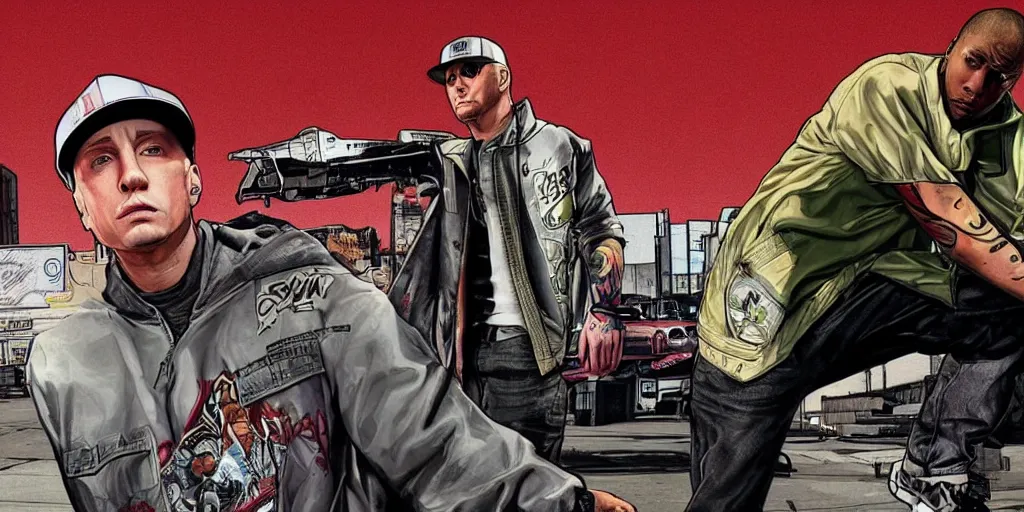 Prompt: eminem in gta v, cover art by stephen bliss, loading screen