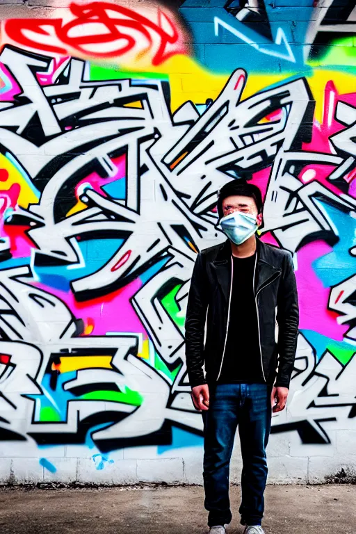 Prompt: asian guy with mask stand in front of wall with full of graffiti tag and mural, photorealistic, smooth, 4 k, aesthetic lighting, baroque object, hyperdetailed, professional photography, pullitzer winning, photo by : canon eos 5 d mark iv, by karah mew and adnan abidi and jodie bateman