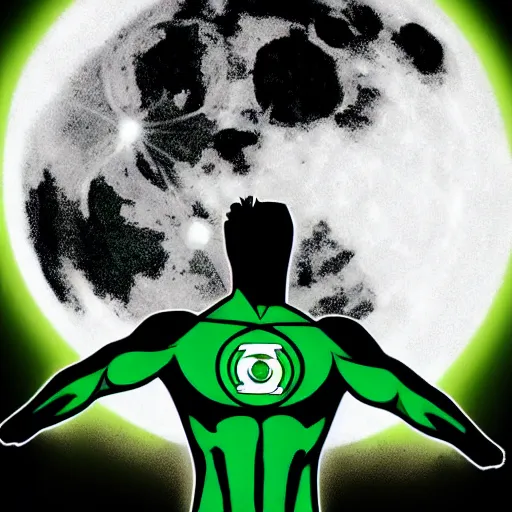 Prompt: Green Lantern in black and white uniform flying in-front of the moon, dramatic, dark, DC comic style