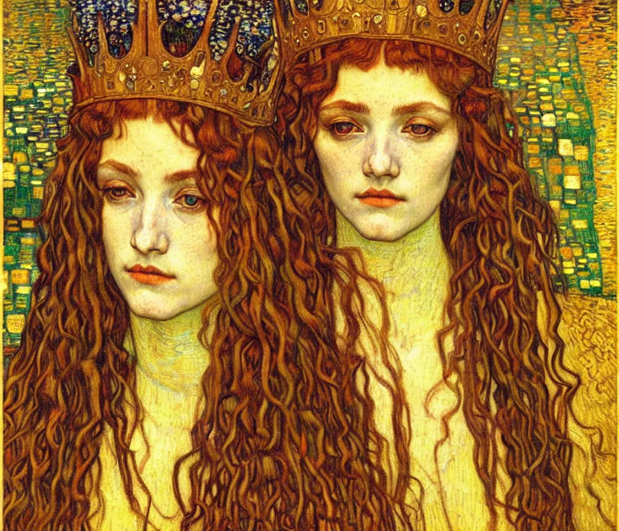 Image similar to detailed realistic beautiful young medieval queen face portrait by jean delville, gustav klimt and vincent van gogh, art nouveau, symbolist, visionary, gothic, pre - raphaelite, muted earthy colors, desaturated