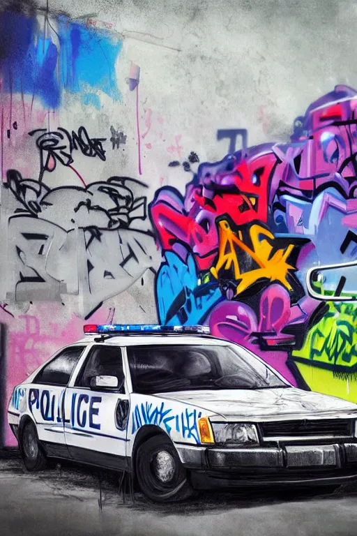 Image similar to a police car covered in graffiti by mia brownell, art by anna hotchkis, antonio saura, very detailed, maximalism, ambient occlusion, volumetric light, atmospheric haze, hyper realism, futuristic but colorful shading, cinematic composition, realistic render, photography, wide shot