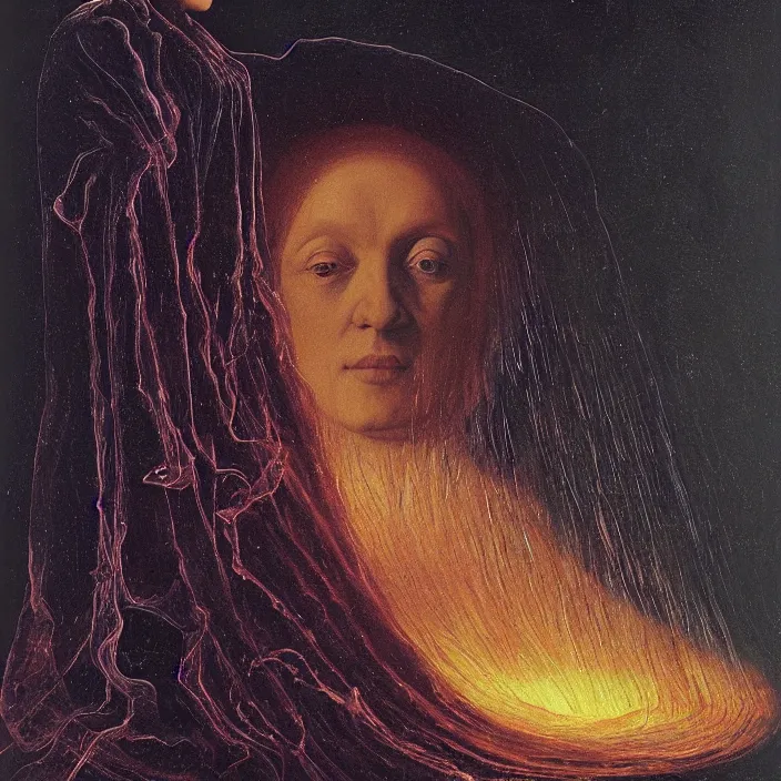 Prompt: a closeup portrait of a cloaked woman floating next to an squid nebula, squid nebula, by jan van eyck