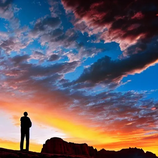 Image similar to award winning cinematic still of man studying the bible in zion national park, rock formations, colorful sunset, epic, cinematic lighting, dramatic angle, heartwarming drama directed by Steven Spielberg, wallpaper