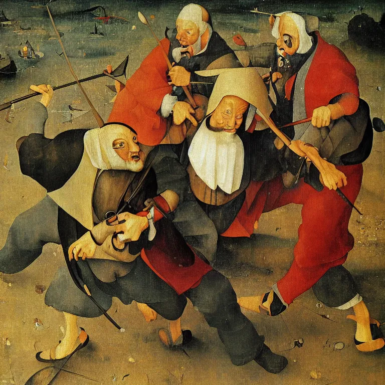 Prompt: The portrait of three half-men half-fish running away with gold from Grim Reaper who laughs and follow them, by Hieronymus Bosch and Pieter Bruegel inspired by Terry Pratchett, super detailed oil painting, hyper realistic faces, 4k, masterpiece