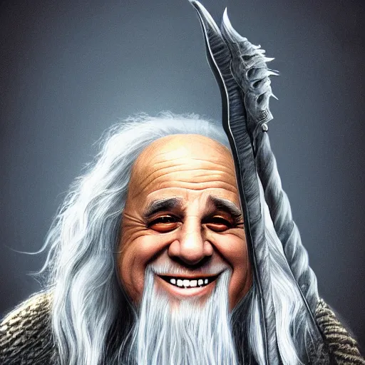 Prompt: portrait danny devito as gandalf, deviantart, smile, ultra realistic illustration, final fantasy, high quality