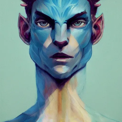 Image similar to Avatar with a blond hair, green eyes, satyr ears and deep blue skin profile picture by Greg Rutkowski, asymmetrical, Organic Painting , Matte Painting, Realistic painting, geometric shapes, hard edges, street art, trending on the artstation:2 by Sachin Teng:4, blur: -4