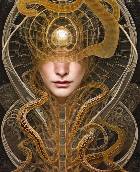 Image similar to intricate orderly opulent transparent clear see - through portrait of a scary beautiful masculine snake, fractal, mechanical, sci - fi environment, ultra realistic, concept art, art nouveau, photorealistic, octane render, 8 k, unreal engine. art by nori inoguchi and sam kaplan and zachary goulko and christopher marley and artgerm and alphonse mucha