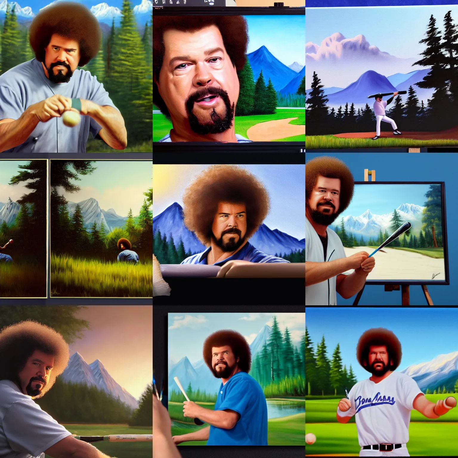 Image similar to a closeup photorealistic photograph of bob ross painting an image of kenny powers pitching a baseball on a canvas. mountains and trees. film still. brightly lit scene. this 4 k hd image is trending on artstation, featured on behance, well - rendered, extra crisp, features intricate detail, epic composition and the style of unreal engine.