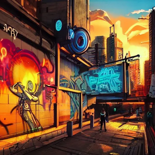 Image similar to beautiful graffiti on a wall, cyberpunk, happy mood, futuristic, high detail, sunset, realistic