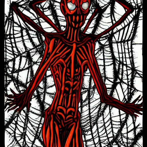 Prompt: grotesque human and spider hybrid, flesh and bone exposed, scary, spindly legs with a large web, junji ito manga art