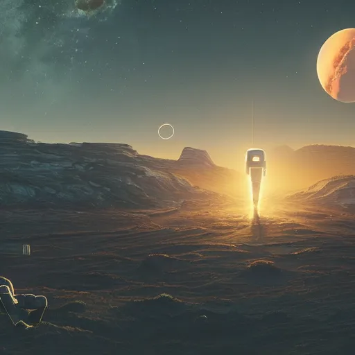 Image similar to a lonely astronaut overlooking at an amazing alien landscape and the universe, digital art, breathtaking, golden ratio, extremely detailed, establishing shot, hyperrealistic, cinematic lighting, particles, unreal engine, simon stålenhag, rendered by Beeple, Makoto Shinkai, syd meade, simon stålenhag, Ruan Jia, Kentaro Miura, environment concept, artstation, octane render, 4K UHD image