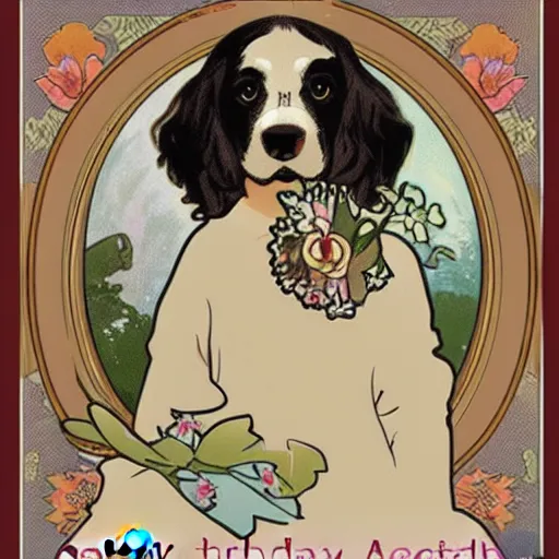 Prompt: a birthday card with a cute cocker spaniel dog in the style of alphonse mucha