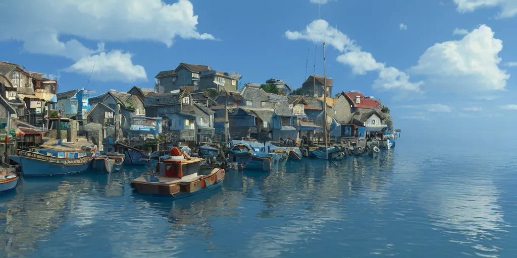 Image similar to a film still of fishing harbour in a small seaside village, medium shot, waist up, studio Ghibli, Pixar and Disney animation, sharp, Rendered in Unreal Engine 5, Bloom, dramatic lighting