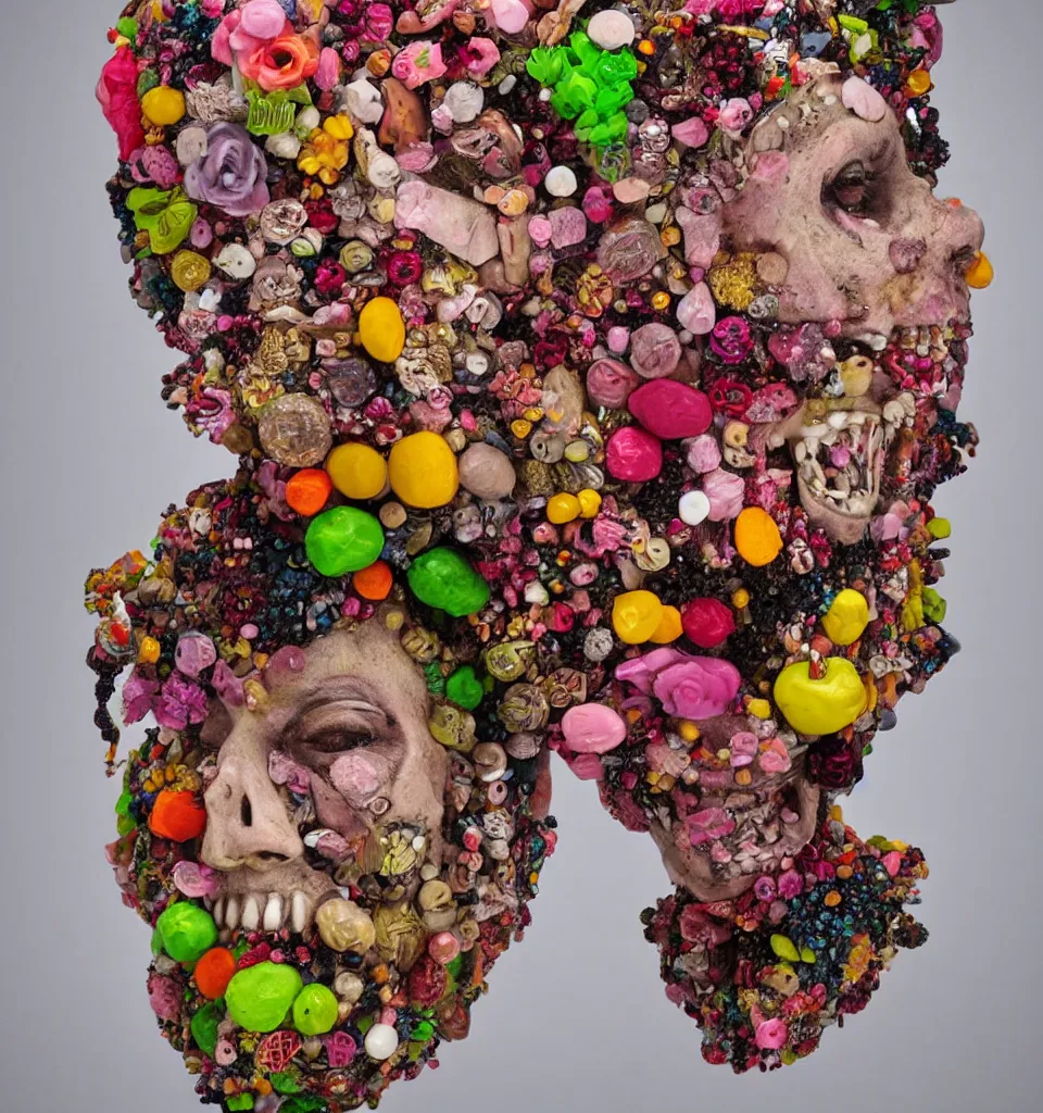 Prompt: portrait headshot of a zombie punk, head made of fruit gems and flowers in the style of arcimboldo, david altmejd, photorealistic, dynamic lighting, action figure, clay sculpture, claymation, cloudy pink background