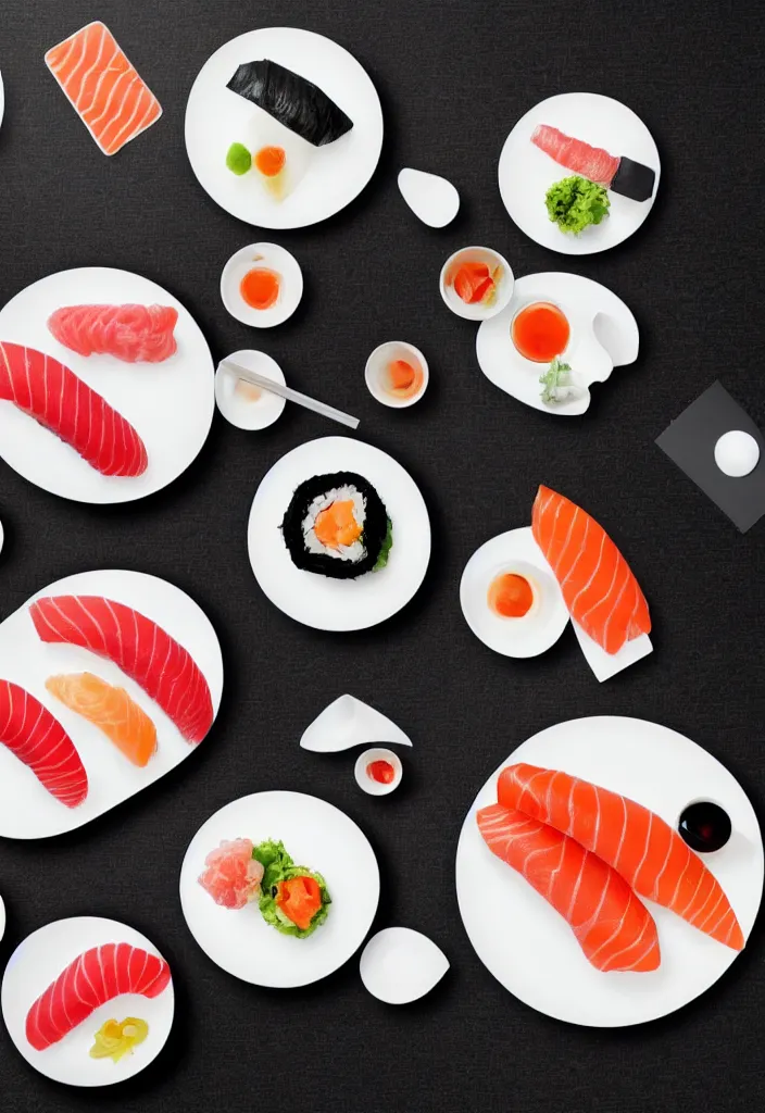 Prompt: sushi, hyper minimalist geometric graphic design in the style of buro destrukt and die gestalten verlag