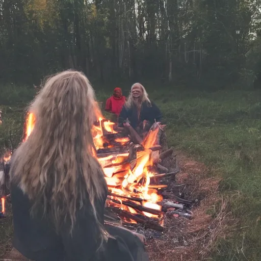 Image similar to photo of hillbilly with long blonde hair around a bonfire, symmetric face