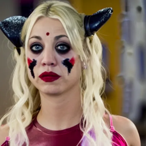 Image similar to A still of Kaley Cuoco as Harley Quinn