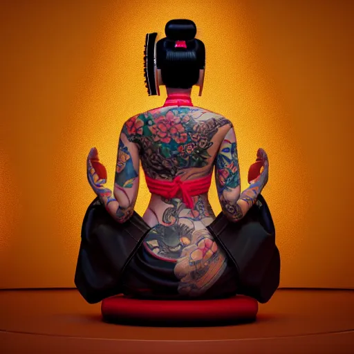 Image similar to an android geisha in a lotus position wearing a flowing kimono and tattoos, octane render, unreal engine, 8 k, cinematic, artwork by ilya kuvshinov