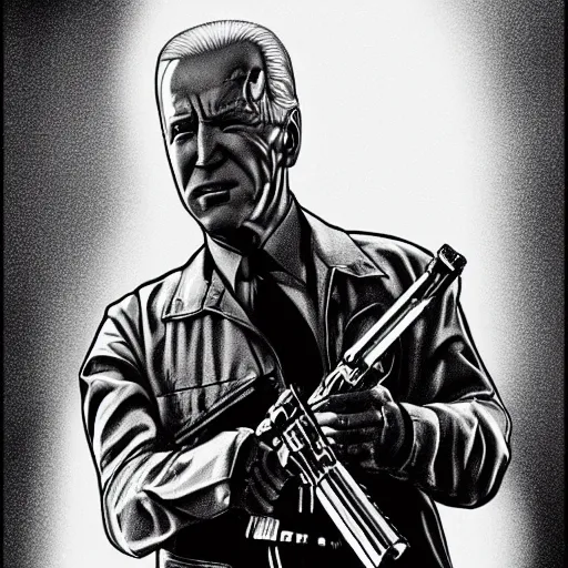 Image similar to joe biden as the terminator executing t-1000 Donald Trump with a shotgun, dramatic lighting, cinematic, establishing shot, extremly high detail, photorealistic, cinematic lighting, artstation, style by James Gurney