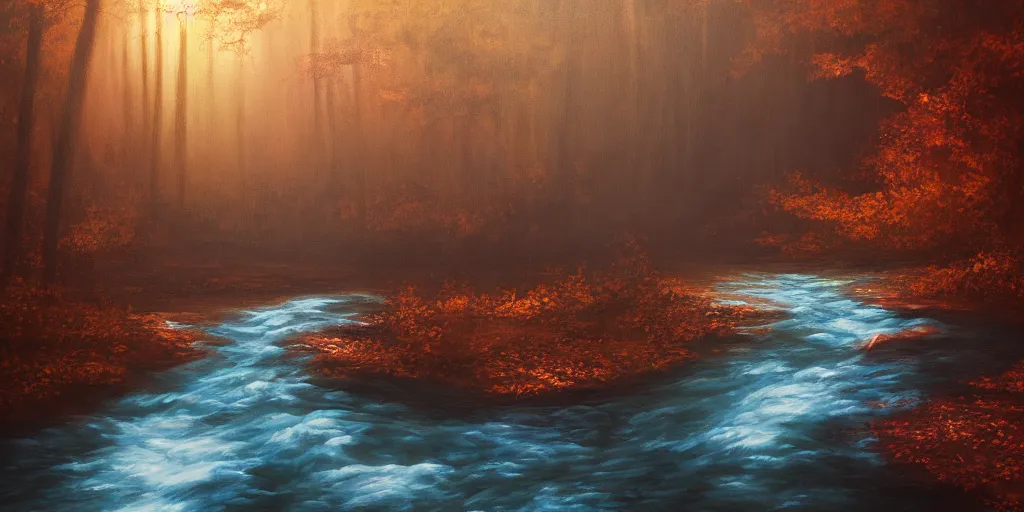 Image similar to A river running through a forest on Mars, cinematic lighting, detailed oil painting, hyperrealistic, 8k