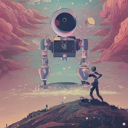 Image similar to colorful mcbess illustration of a robot trying to fox the universe, intricate complexity, by greg rutkowski, artgerm, ross tran, conrad roset, takato yomamoto, ilya kuvshinov. 4 k, beautiful, cinematic dramatic atmosphere