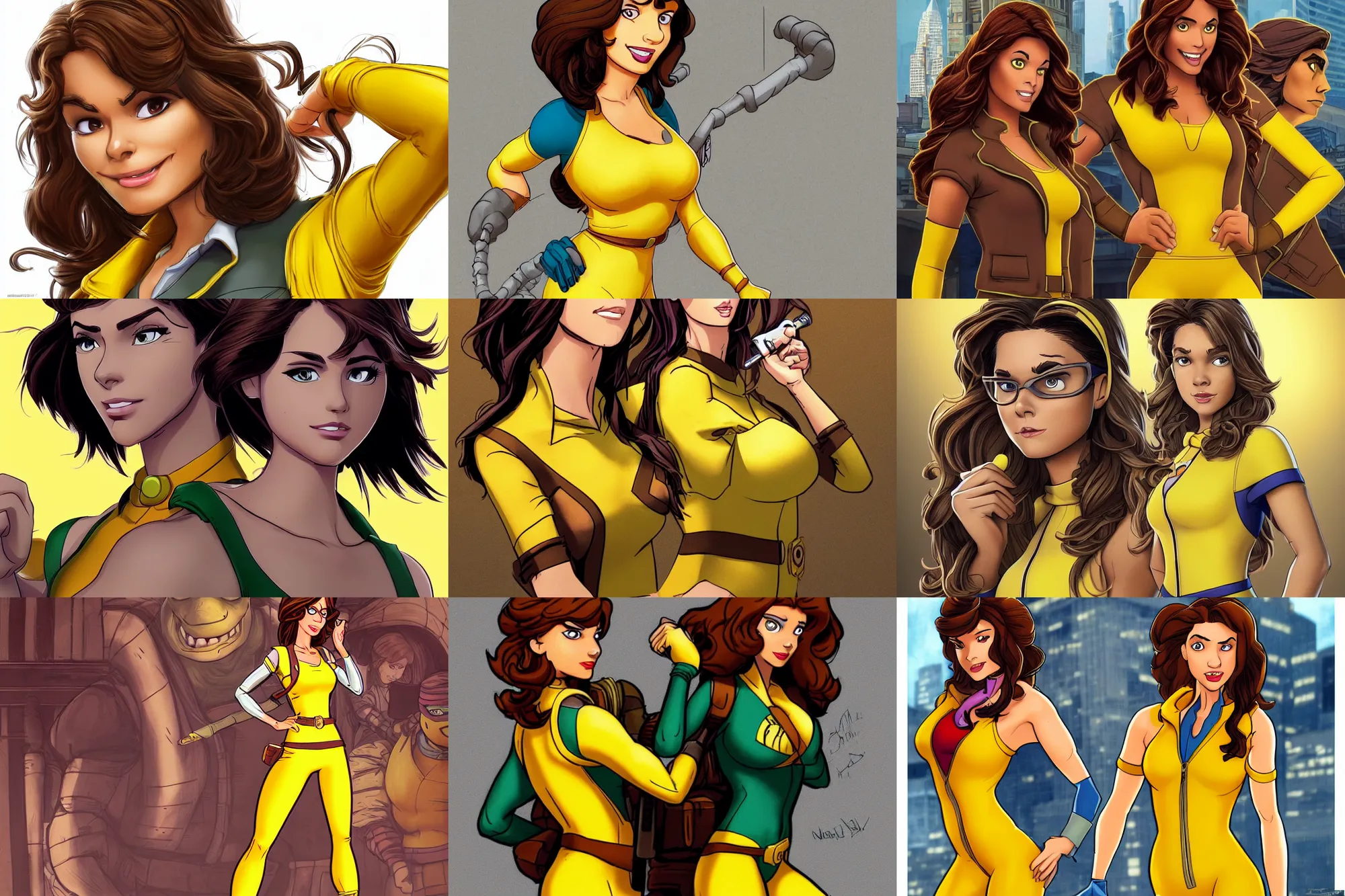 Prompt: beautiful and strong brown hair female reporter in a yellow jumpsuit character april o ’ neil from animated series teenage mutant ninja turtles ( tmnt 1 9 8 7 ) _ dramatic _ intricate _ elegant _ highly _ detailed _ digital _ painting _ artstation _ concept _ art _ smooth _ sharp _ focus _ illustration