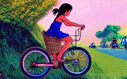 Prompt: a young girl riding a bike with a basket on a dirt path, 1970s philippines, art by hayao miyazaki, studio ghibli film, hi res, 4k