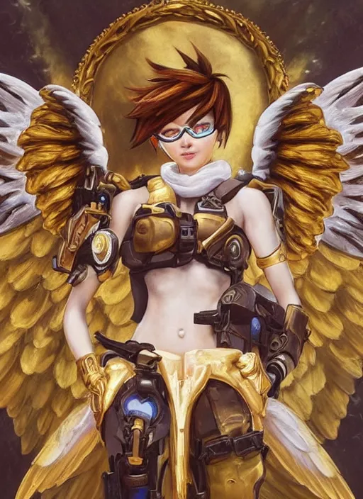 Image similar to full body oil painting of tracer overwatch in the style of sophie anderson, angel wings, angelic golden armor, dramatic painting, symmetrical composition, ornate, golden chains, high detail, gold detailed collar!!!!!, blooming, angelic, lights, flowers, heavenly, bright, detailed face,