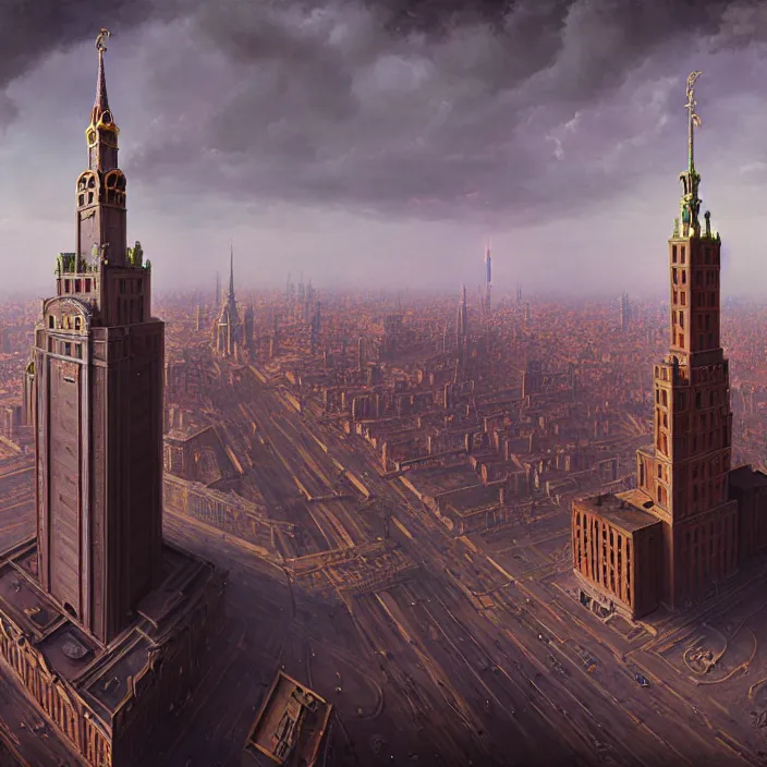 Image similar to matte painting by marc simonetti, jonathan solter, greg rutkowski of a moscow state university building, masterpiece, cinematic, hyperdetailed, photorealistic, hyperrealism, architecture, aerial view,