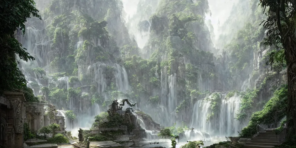 Image similar to A wide open courtyard in a beautiful elven city made of marble, dreamy, lush trees, waterfall , a fantasy digital painting by Greg Rutkowski and James Gurney, trending on Artstation, highly detailed
