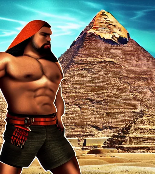 Prompt: a slavic beefy man with a machine gun, an egyptian pyramid in the background, 4 k, sharp focus, illustration, highly detailed