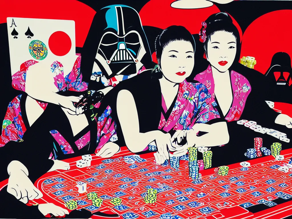 Image similar to hyperrealistim composition of the detailed single woman in a japanese kimono sitting at a extremely detailed poker table with darth vader, fireworks, river on the background, pop - art style, jacky tsai style, andy warhol style, acrylic on canvas