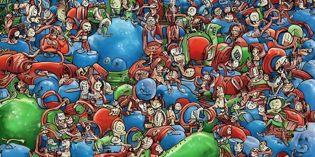 Prompt: wheres wally? Wally is lost on alien planet. by Martin Handford