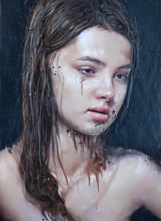 Image similar to portrait of a girl, oil dripping down her, hyper-realistic, high-tech