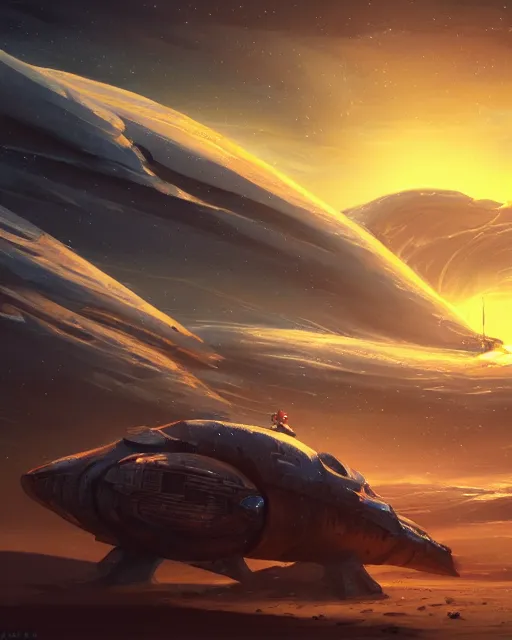 Image similar to legendary space ship, ice fish shape, desert planet, cinematic, highly detailed, scifi, intricate digital painting, sunset, red glow, illustration, artstation, by johnson ting, jama jurabaev