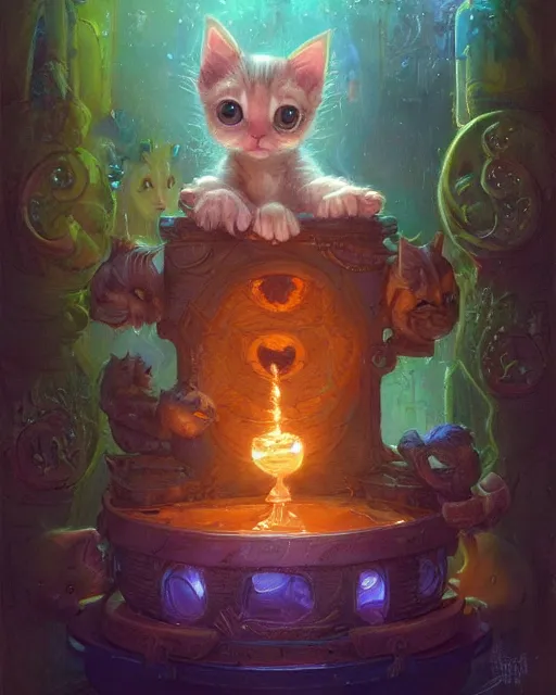 Image similar to an adorable kitten learning magic | highly detailed | very intricate | symmetrical | fantasy and whimsical and magical | soft cinematic lighting | disney pixar | award - winning | painted by donato giancola and paul lehr and ross tran | pastel color palette | featured on artstation